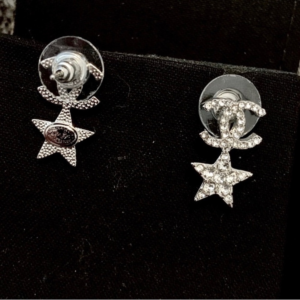 Chanel White Crystal CC Logo Star Drop Earrings in Silver Metal Finish & Stamp